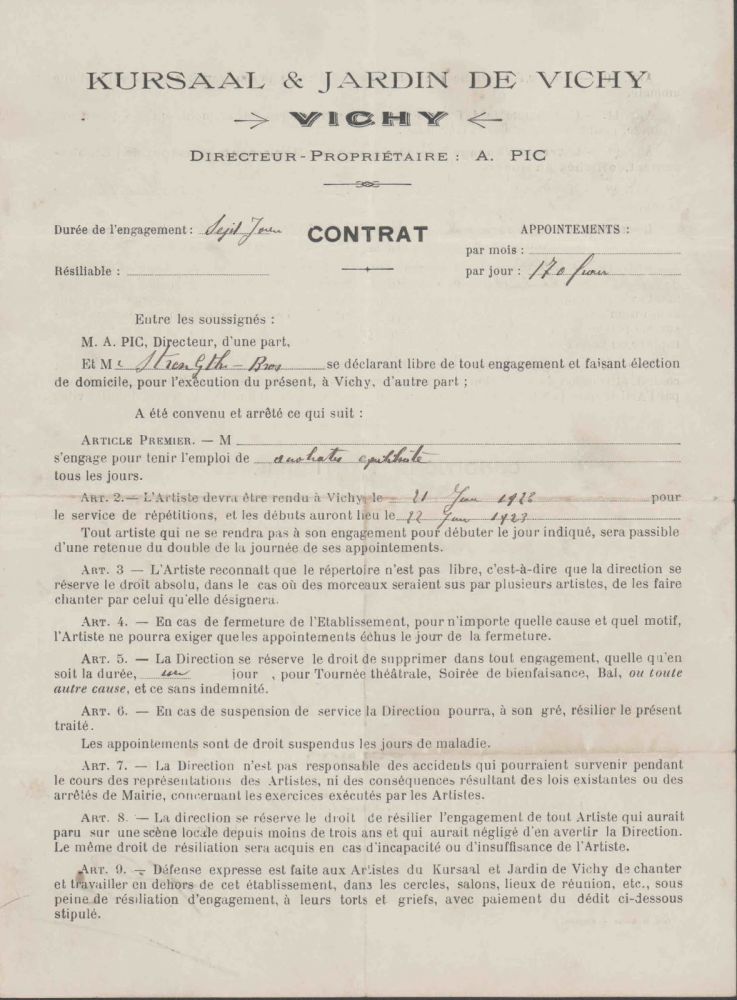Contrat d'acrobate au Jardin de Vichy, 1923 (coll. M. Laval)